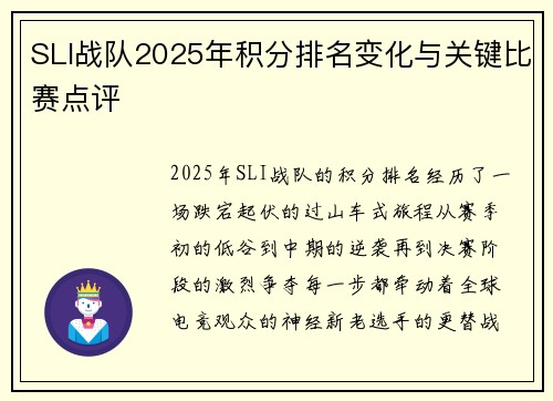 SLI战队2025年积分排名变化与关键比赛点评