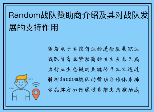Random战队赞助商介绍及其对战队发展的支持作用